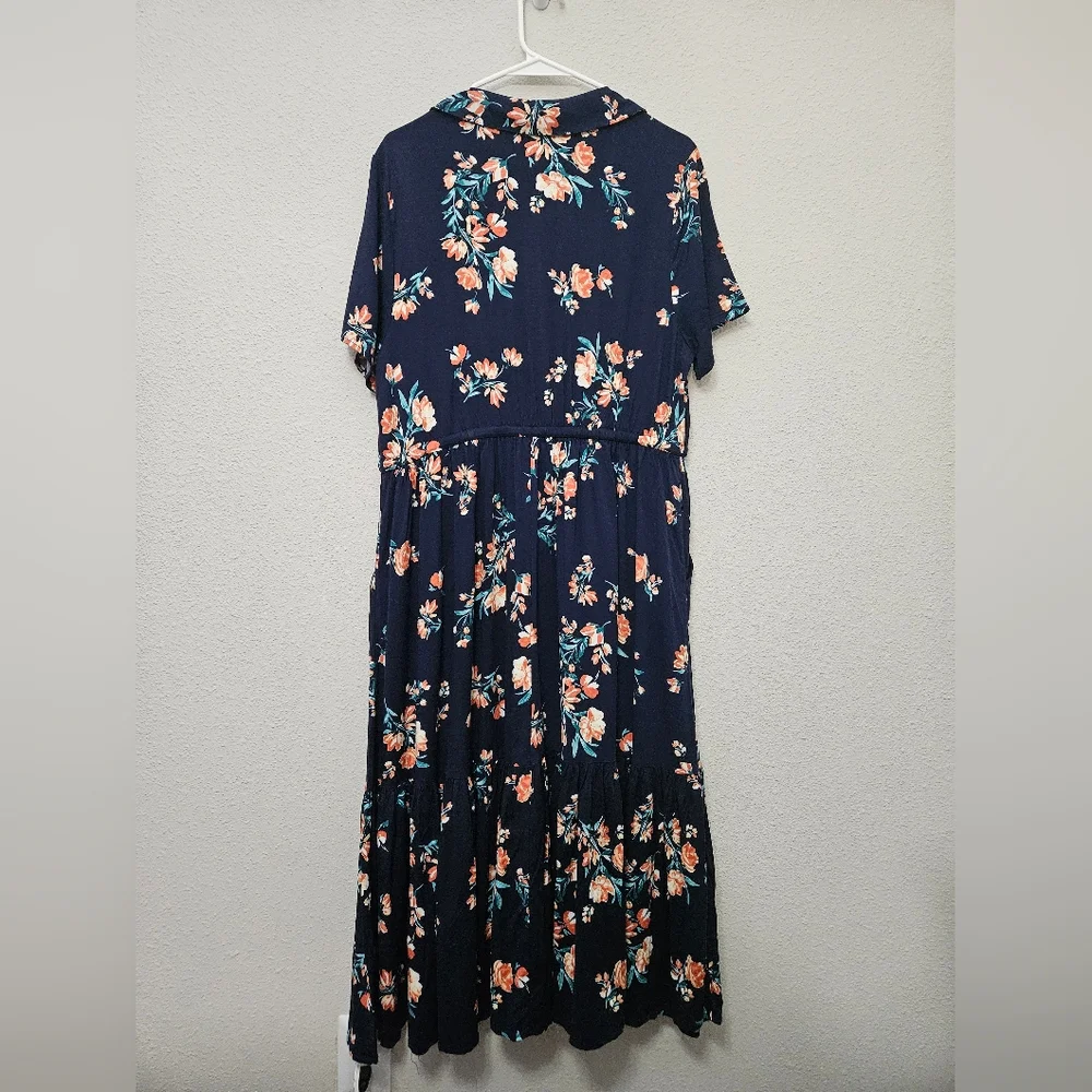 Torrid NWT 1X Plus Navy Floral Midi Challis Button Front Shirt Dress Pockets - Picture 8 of 8